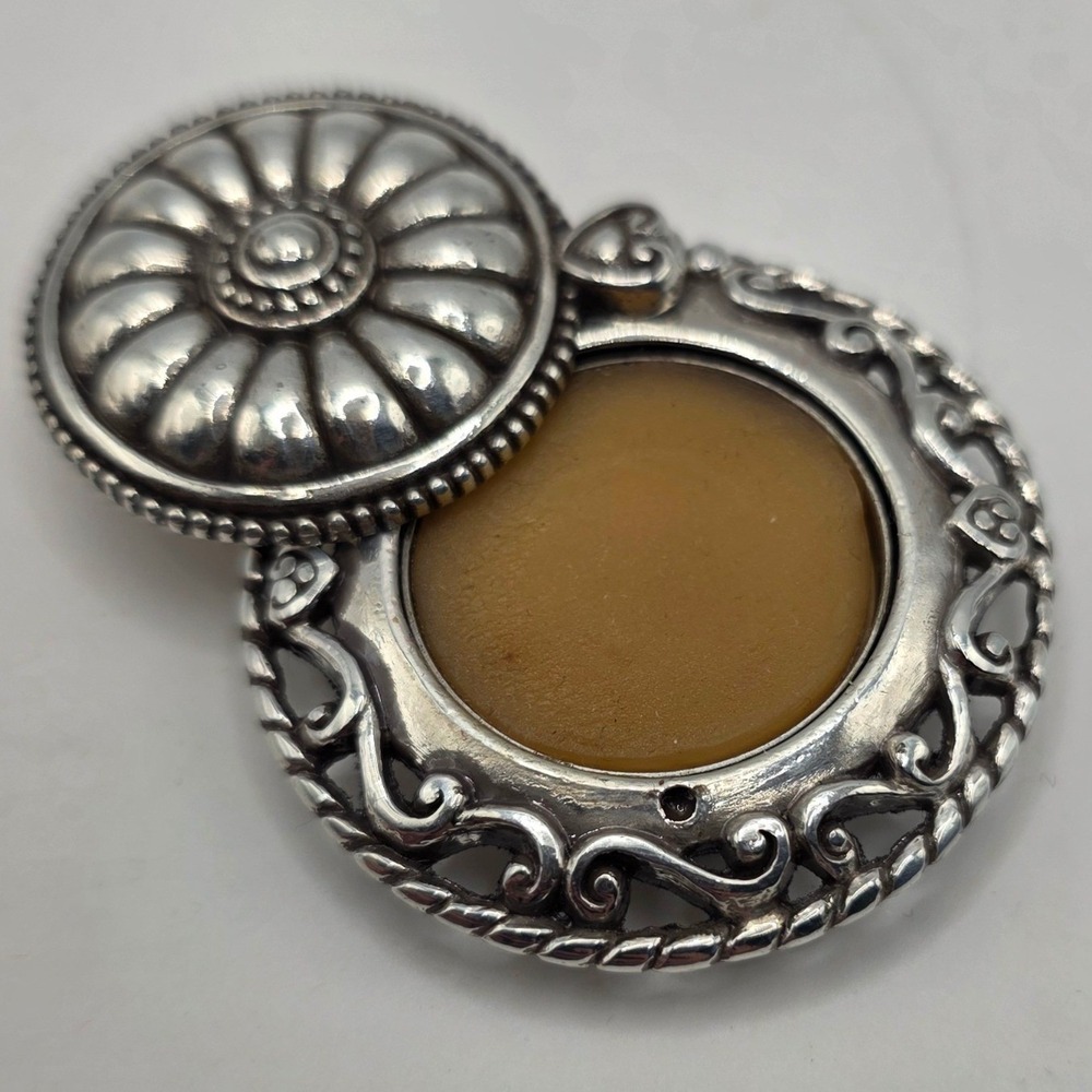 Brighton Live Love Laugh Dream Solid Parfum Compact Pendant Silver Tone Filigree - Picture 2 of 3